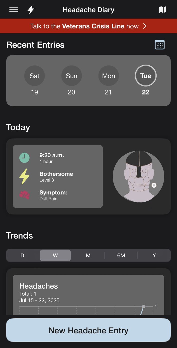 Screenshot of Headache Diary on the Headache Coach App.