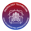 Circular badge with a red-to-purple gradient background. The center graphic is a white outline of a chest X-ray showing ribs. The top reads “RADIOLOGY TECHNICIAN” and the bottom reads “HEALTH CAREER PRE-APPRENTICE BADGE.”