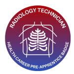 Circular badge with a red-to-purple gradient background. The center graphic is a white outline of a chest X-ray showing ribs. The top reads “RADIOLOGY TECHNICIAN” and the bottom reads “HEALTH CAREER PRE-APPRENTICE BADGE.”