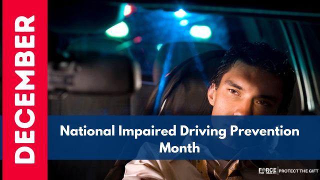 A driver seated behind the wheel at night with blurred police lights in the background, representing National Impaired Driving Prevention Month and road safety awareness.