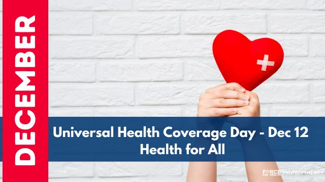 Hands holding a red heart with a medical cross in front of a white brick wall, symbolizing Universal Health Coverage Day and the message of health care for all.