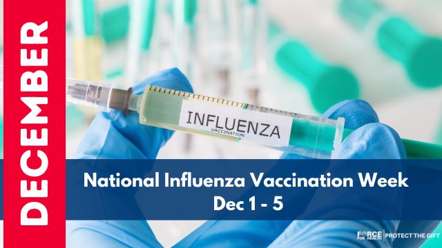 Close-up of a syringe labeled “Influenza” held by gloved hands, symbolizing flu vaccination awareness during National Influenza Vaccination Week.